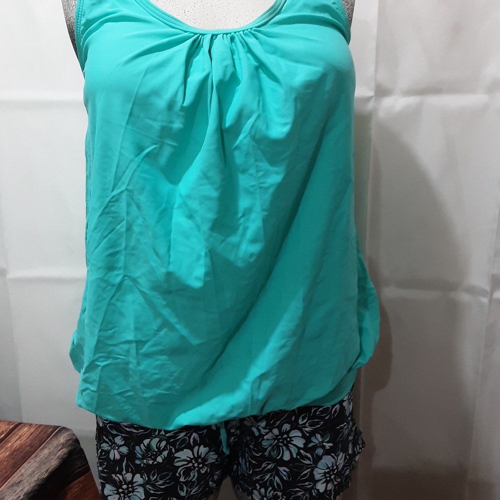 Teal Sleeveless Swim Tank with Gathered Neckline